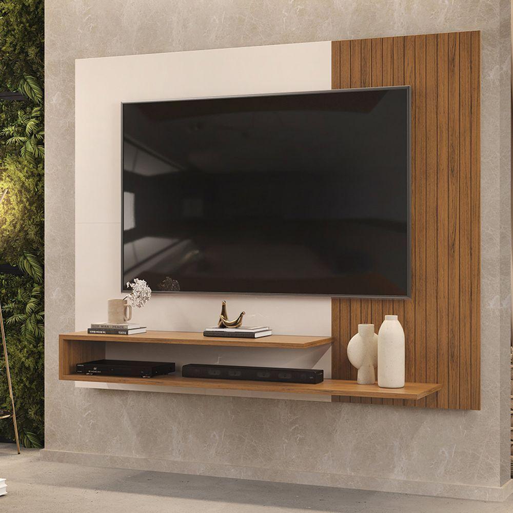 Painel Nando Com Ripas E Prateleira Freijó Com Off White - 2