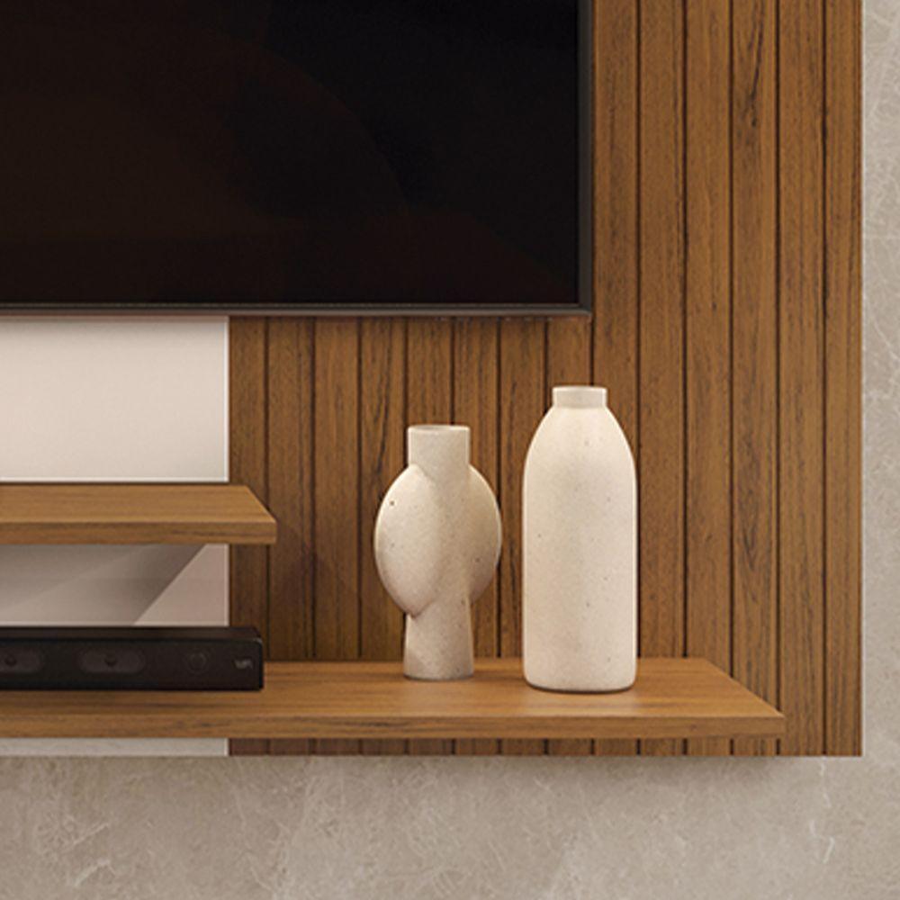 Painel Nando Com Ripas E Prateleira Freijó Com Off White - 3