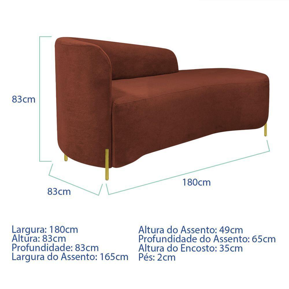 Divã Recamier Orgânico França 180cm Lado Dir Pés Metal Dourado Bouclé Cor Terracota - 6