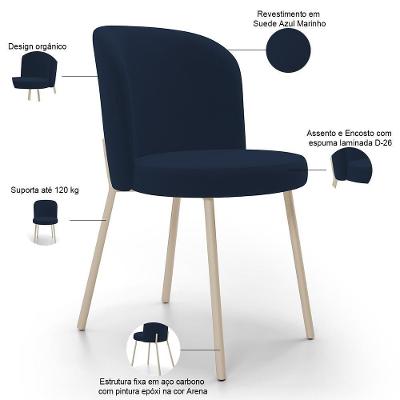 Kit 04 Cadeiras Gavi Arena L02 Estrutura em Aço Estofada em Suede Azul para Sala de Jantar