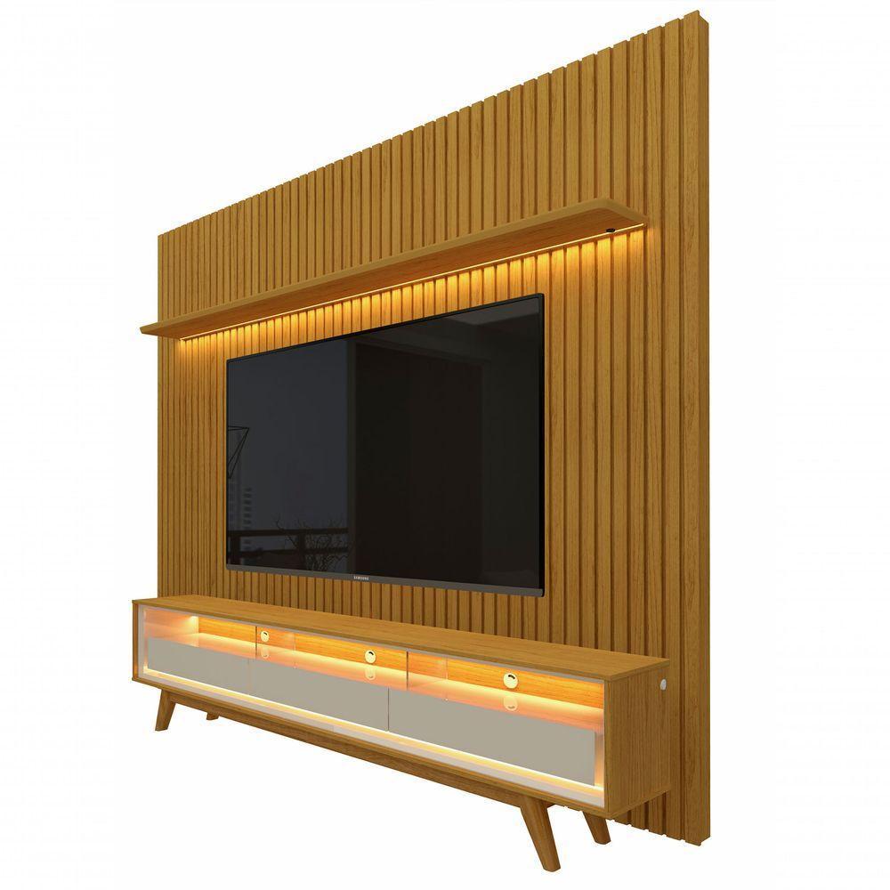 Rack Retrô Com Painel 2.3 Ripado Com Led Nobre Naturale Com Off White - Gelius Móveis - 1
