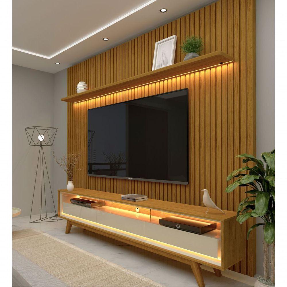 Rack Retrô Com Painel 2.3 Ripado Com Led Nobre Naturale Com Off White - Gelius Móveis - 2