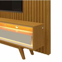 Rack Retrô Com Painel 2.3 Ripado Com Led Nobre Naturale Com Off White - Gelius Móveis