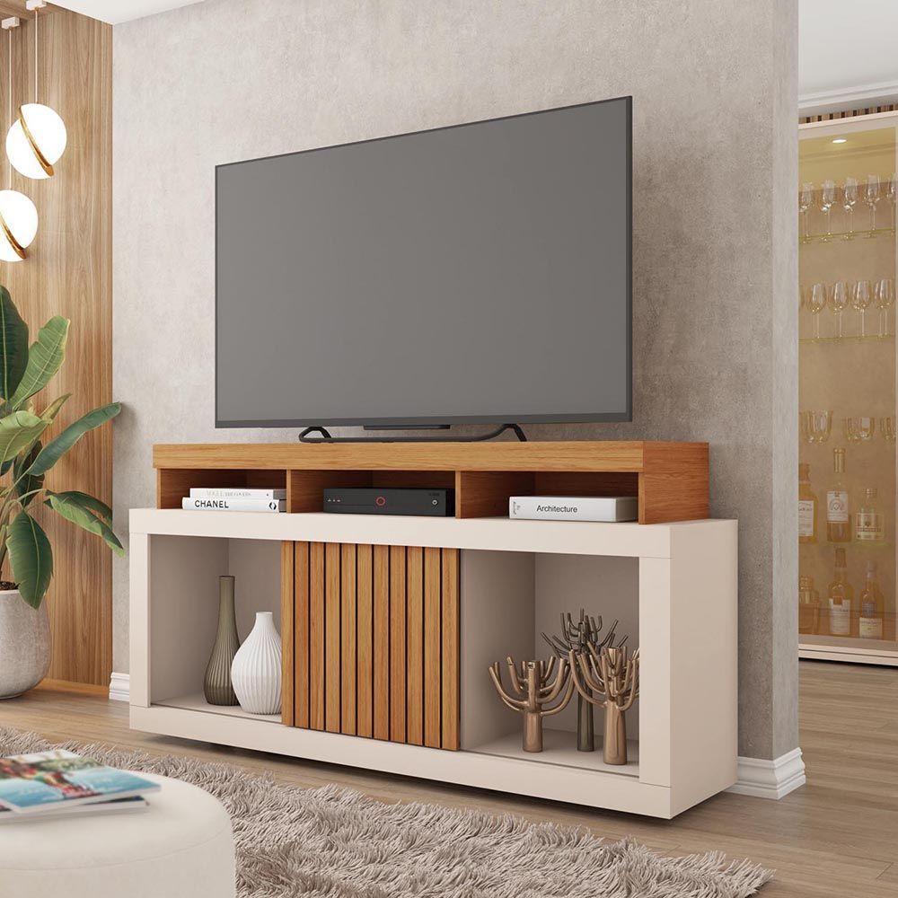 Rack Tv 55 Pol 136cm Bancada Com Rodízio Sala Lyara Freijó-off White C01 - D'rossi - 1