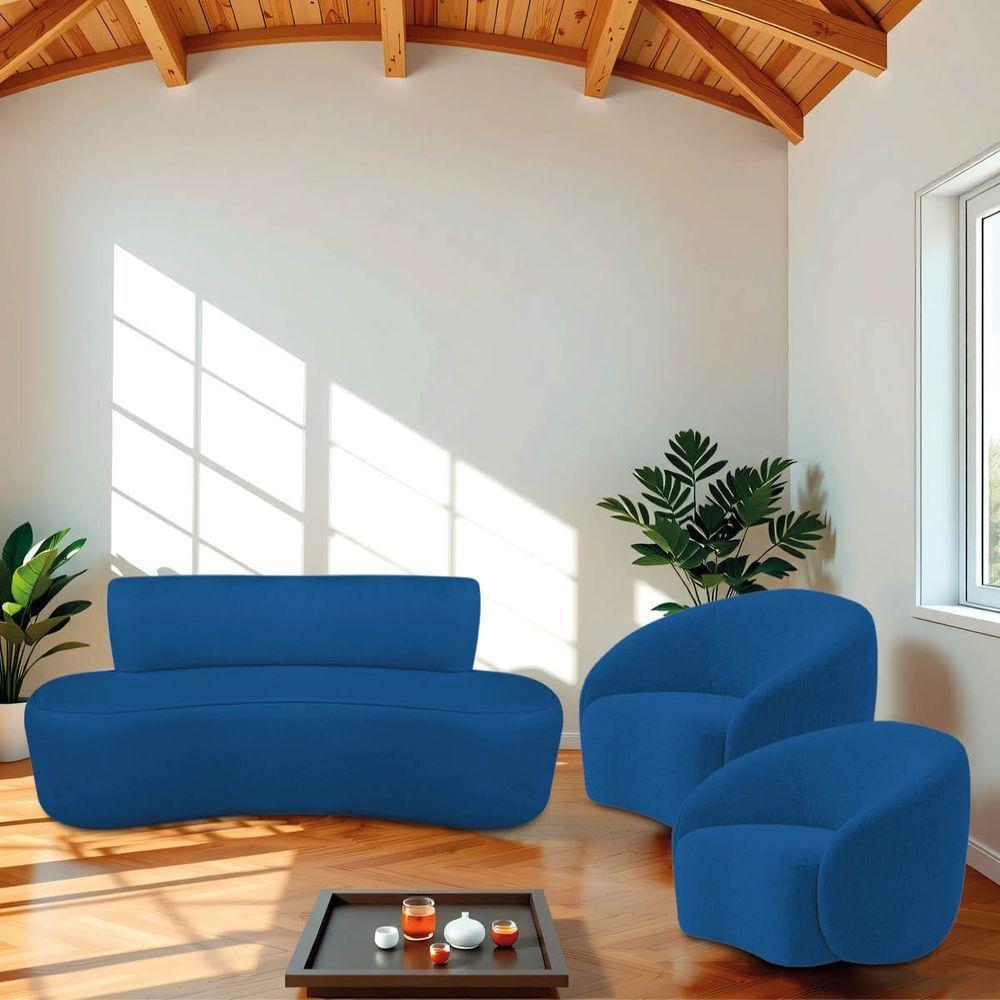 Kit Recamier Curvo Amsterdã 140cm E 2 Poltronas Amore Luxo Linho Cor Azul Royal - 1