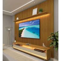 Rack Com Painel 2.3 Ripado Com Led E Rodízio Nobre Naturale Com Off White - Gelius Móveis - 2