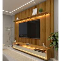 Rack Com Painel 2.3 Ripado Com Led E Rodízio Nobre Naturale Com Off White - Gelius Móveis