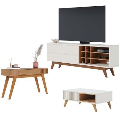 Rack Bancada Noronha 1.8 Com Mesa De Centro Jeri Off White Matte Freijó E Aparador Riviera Freijó - Colibri