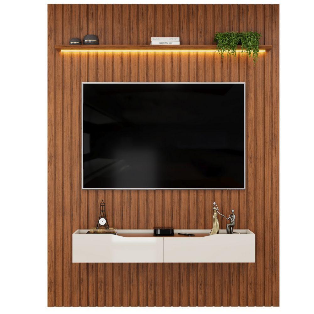 Painel Para Tv Até 65" 1,83m Ripado com Led Montreal com Nicho Madeirado/Off White - 1