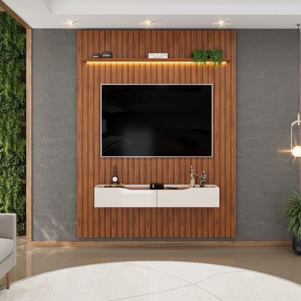 Painel Para Tv Até 65" 1,83m Ripado com Led Montreal com Nicho Madeirado/Off White - 2