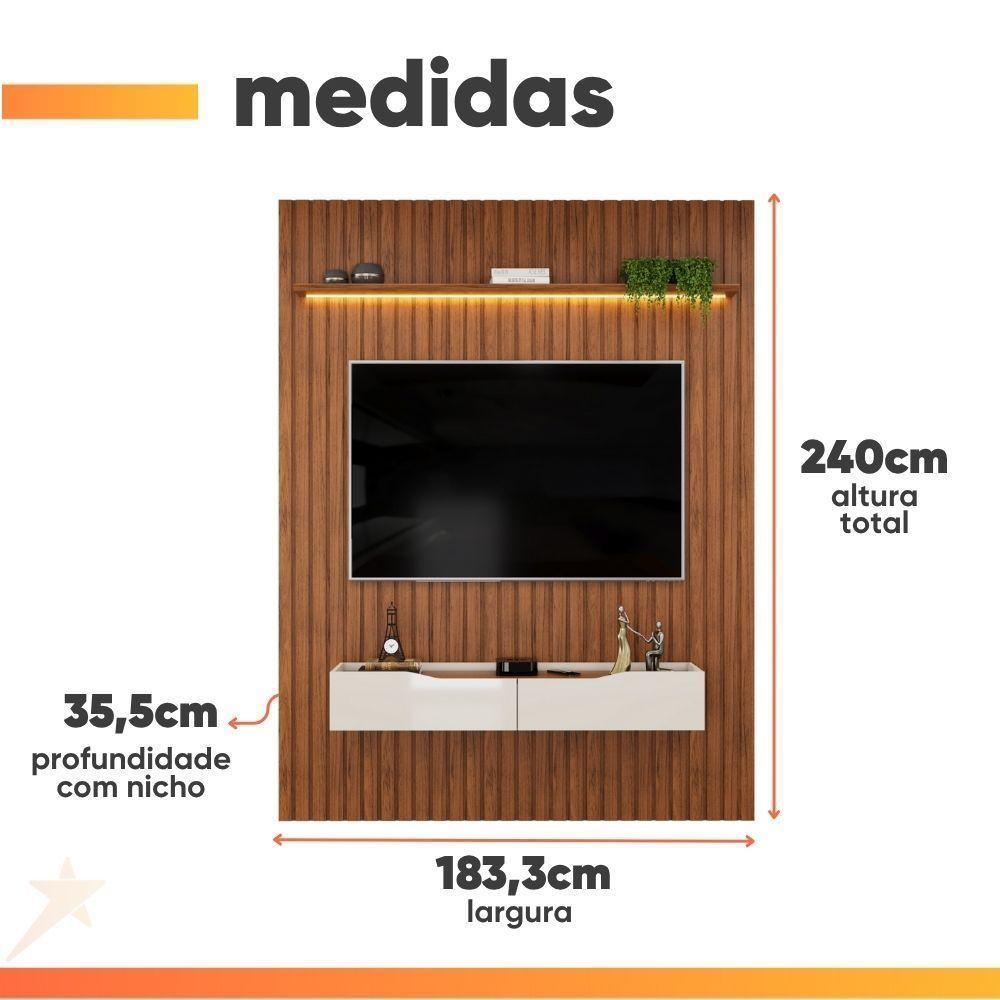 Painel Para Tv Até 65" 1,83m Ripado com Led Montreal com Nicho Madeirado/Off White - 3