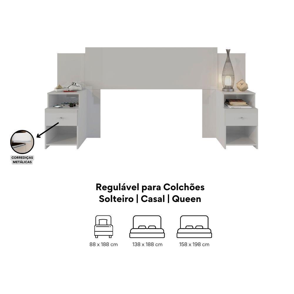 Cabeceira Extensível Cama Solteiro, Casal E Queen Com Mesa De Cabeceira Maceió Poliman Móveis Branco - 2