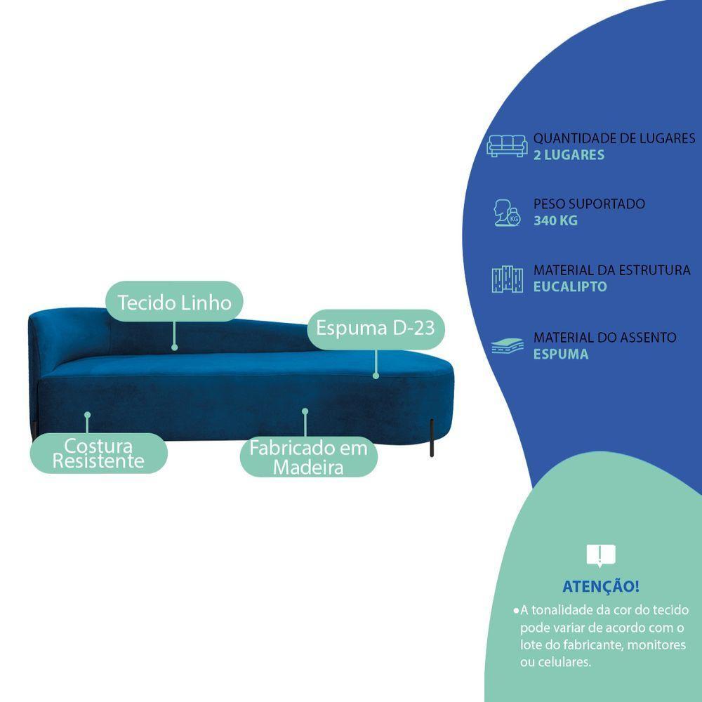 Divã Recamier Orgânico França 220cm Lado Dir Pés Metal Preto Linho Cor Azul Royal - 4