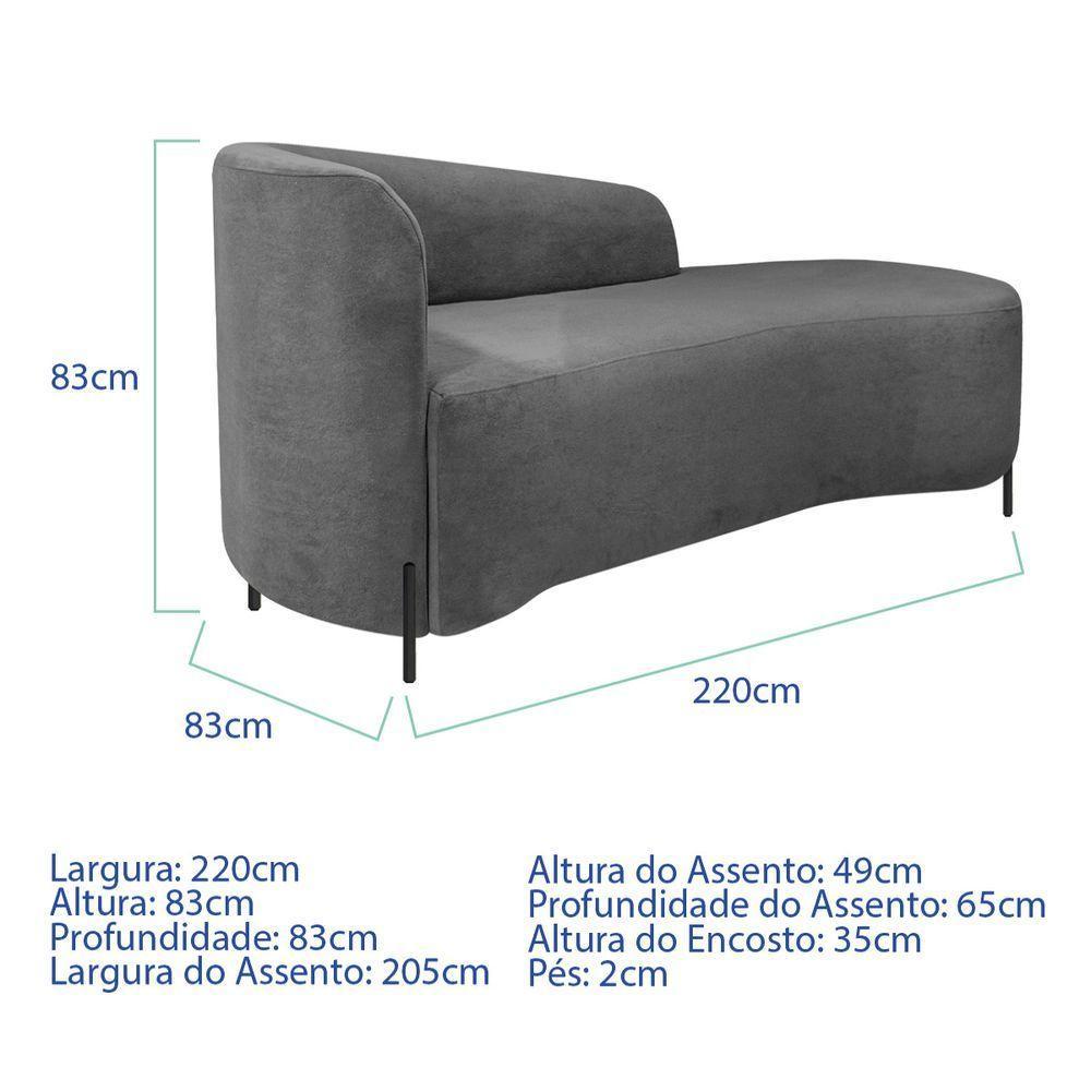 Divã Recamier Orgânico França 220cm Lado Dir Pés Metal Preto Bouclé Cor Cinza - 4