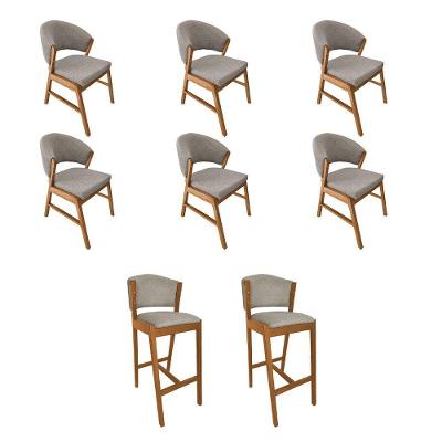 Kit 6 Cadeiras De Jantar Debora Madeira Maciça Com 2 Banquetas Ana Cerejeira Premium Linho Bege