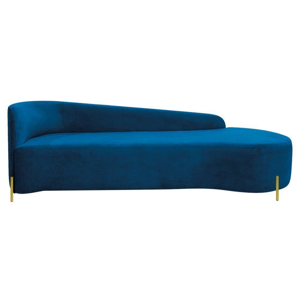 Divã Recamier Orgânico França 180cm Lado Dir Pés Metal Dourado Linho Cor Azul Royal - 2