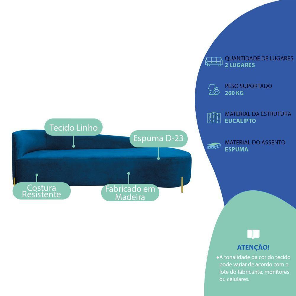 Divã Recamier Orgânico França 180cm Lado Dir Pés Metal Dourado Linho Cor Azul Royal - 7