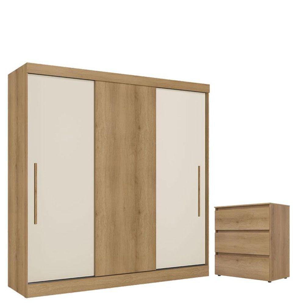 Guarda Roupa Casal Vision 3 Portas Capuccino Cacau Off White Flex Acetinado E Cômoda Gaveteiro Condessa Cappuccino - Thb - 1