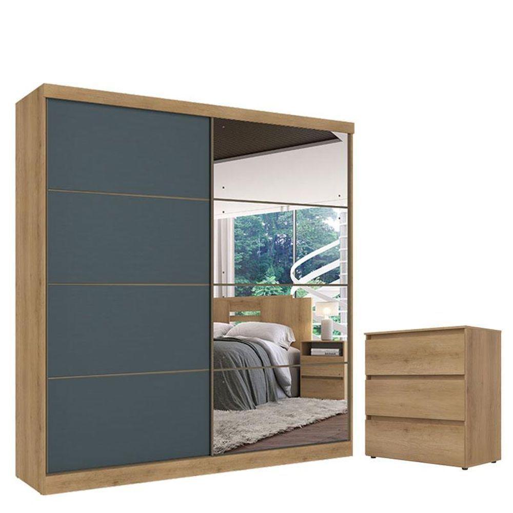 Guarda Roupa Casal Málaga Full Glass 2 Portas Capuccino Azul Acetinado E Cômoda Gaveteiro Condessa Capuccino - Thb - 1