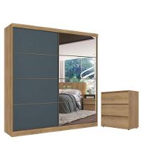 Guarda Roupa Casal Málaga Full Glass 2 Portas Capuccino Azul Acetinado E Cômoda Gaveteiro Condessa Capuccino - Thb - 1