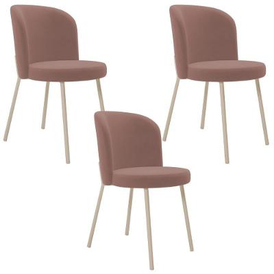 Kit 03 Cadeiras Para Sala De Jantar Cozinha Estofada Gavi Arena L02 Suede Rosê - Lyam Decor