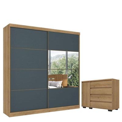 Guarda Roupa Casal Malaga Glass 2 Portas Capuccino Azul Acetinado E Cômoda Com Porta Aurora Cappuccino - Thb