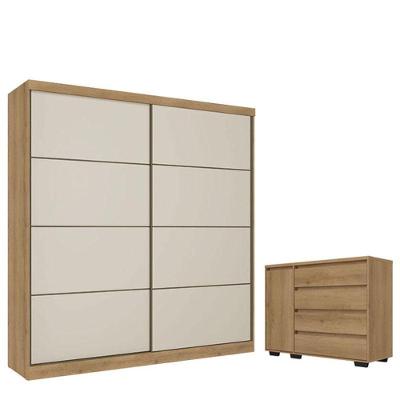 Guarda Roupa Casal Malaga 2 Portas Capuccino Off White Acetinado E Cômoda Com Porta Aurora Cappuccino - Thb