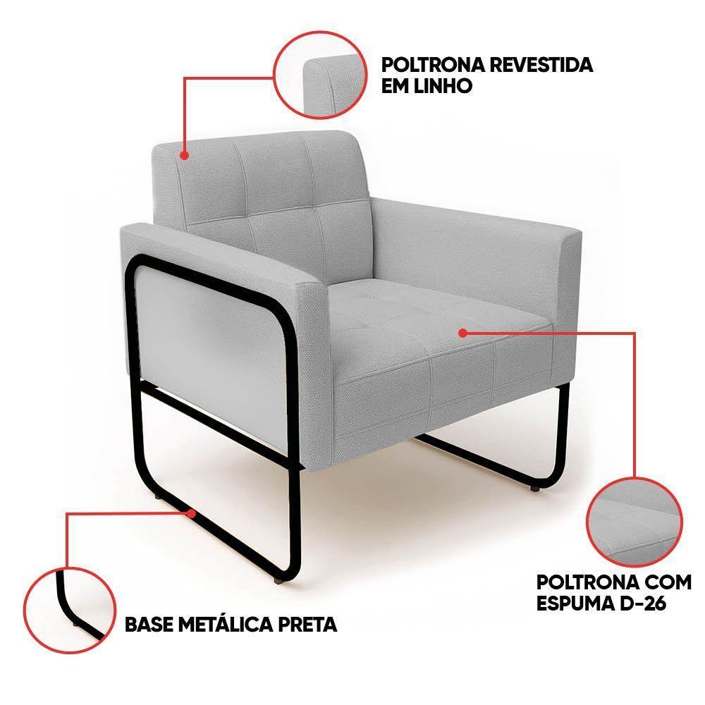 Poltrona Sala Industrial Alta Tubo Preto Kit 2 Elisa Linho Cinza D03 - D'rossi - 3