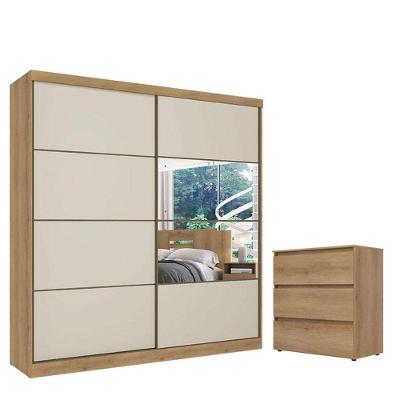 Guarda Roupa Casal Malaga Glass 2 Portas Capuccino Off White Acetinado E Cômoda Gaveteiro Condessa Capuccino - Thb