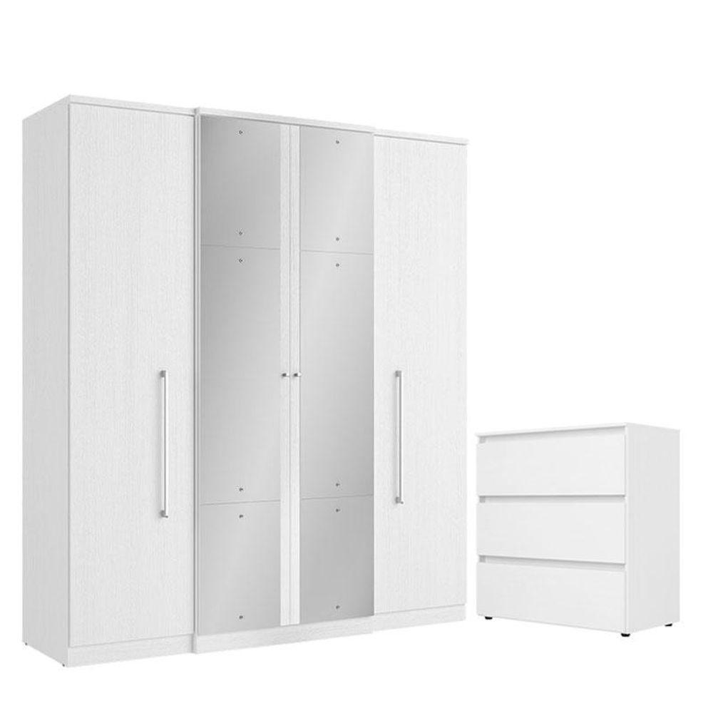 Guarda Roupa Casal Splendore Plus Glass 4 Portas E Cômoda Gaveteiro Condessa Branco Acetinado - Thb - 1