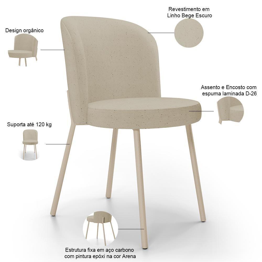 Kit 03 Cadeiras Para Sala De Jantar Cozinha Estofada Gavi Arena L02 Linho Bege Escuro - Lyam Decor - 4