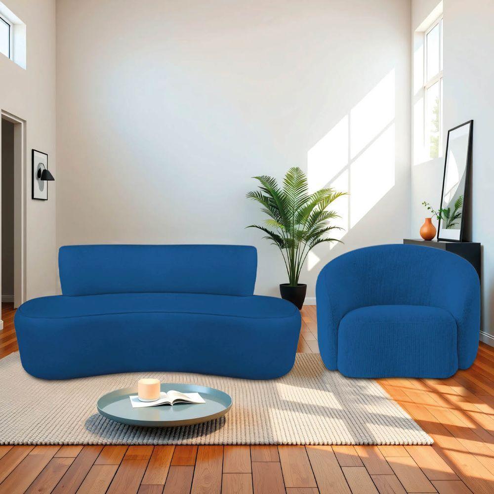 Kit Recamier Curvo Amsterdã 160cm E Poltrona Amore Luxo Linho Cor Azul Royal - 1