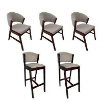 Kit 3 Cadeiras De Jantar Debora Com 2 Banquetas Ana Madeira Maciça Castanho Premium Linho Bege - 1