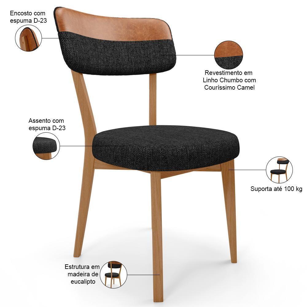 Kit 06 Cadeiras Decorativa Estofada Sala Base Madeira Roy L02 Couríssimo Camel Linho Chumbo - Lyam - 4