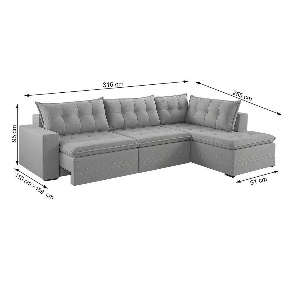 Sofá Retratil Com Chaise Direita Titan 6 Lugares 3,16m Tecido Linho Cor Gelo 2322 - 9