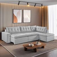 Sofá Retratil Com Chaise Direita Titan 6 Lugares 3,16m Tecido Linho Cor Gelo 2322 - 2