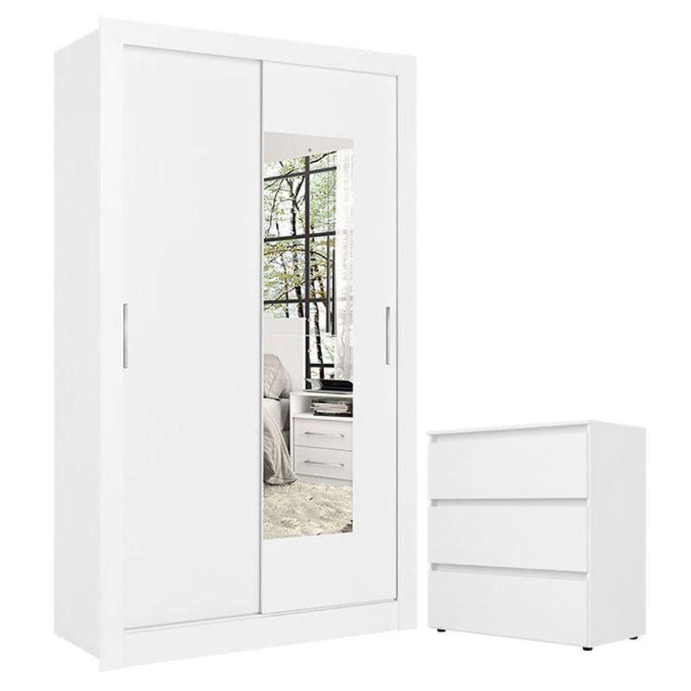 Guarda Roupa Solteiro City Glass 2 Portas Branco Acetinado E Cômoda Gaveteiro Condessa Branco - Thb - 1