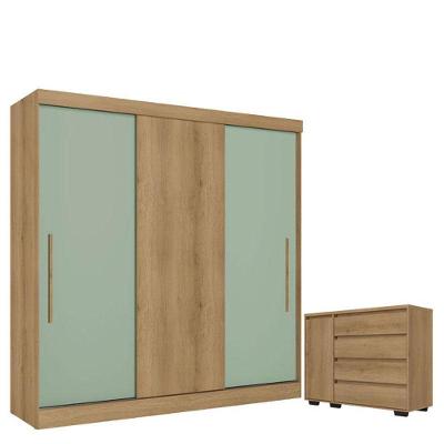 Guarda Roupa Casal Vision 3 Portas Capuccino Menta Acetinado E Cômoda Com Porta Aurora Cappuccino - Thb