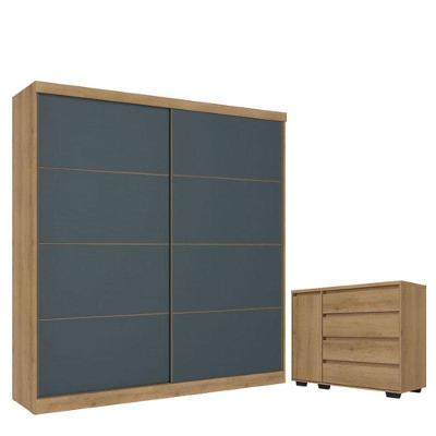 Guarda Roupa Casal Malaga 2 Portas Capuccino Azul Acetinado E Cômoda Com Porta Aurora Cappuccino - Thb