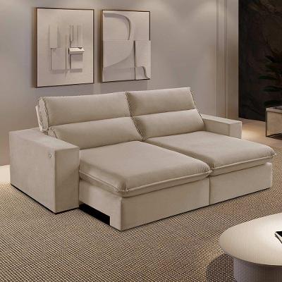 Sofá Retrátil E Reclinável Bee 2,50 M Veludo Cor Bege 2137 Usb Com Kit Usb