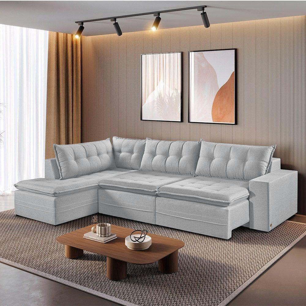 Sofá Retratil Com Chaise Esquerda Titan 7 Lugares 3,56m Tecido Linho Cor Gelo 2322 - 2