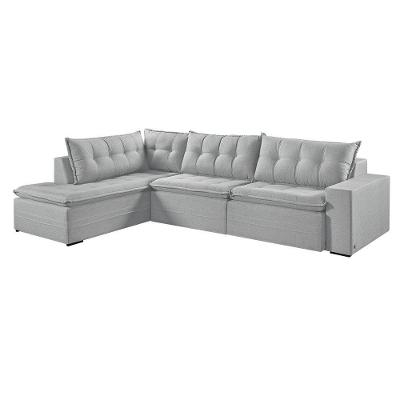 Sofá Retratil Com Chaise Esquerda Titan 7 Lugares 3,56m Tecido Linho Cor Gelo 2322
