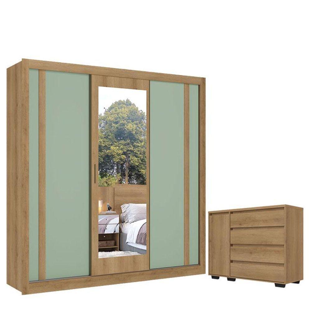 Guarda Roupa Casal Ibiza Glass 3 Portas Capuccino Menta Flex E Cômoda Com Porta Aurora E Cappuccino - Thb - 1