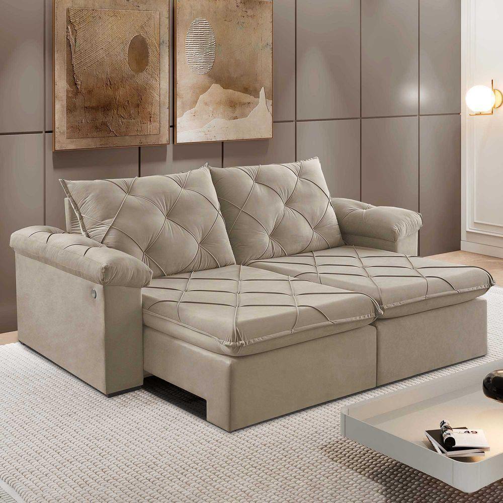 Sofá Retrátil E Reclinável Corniso 2,34m Veludo Cor Bege 2137 Usb Com Kit Usb - 1