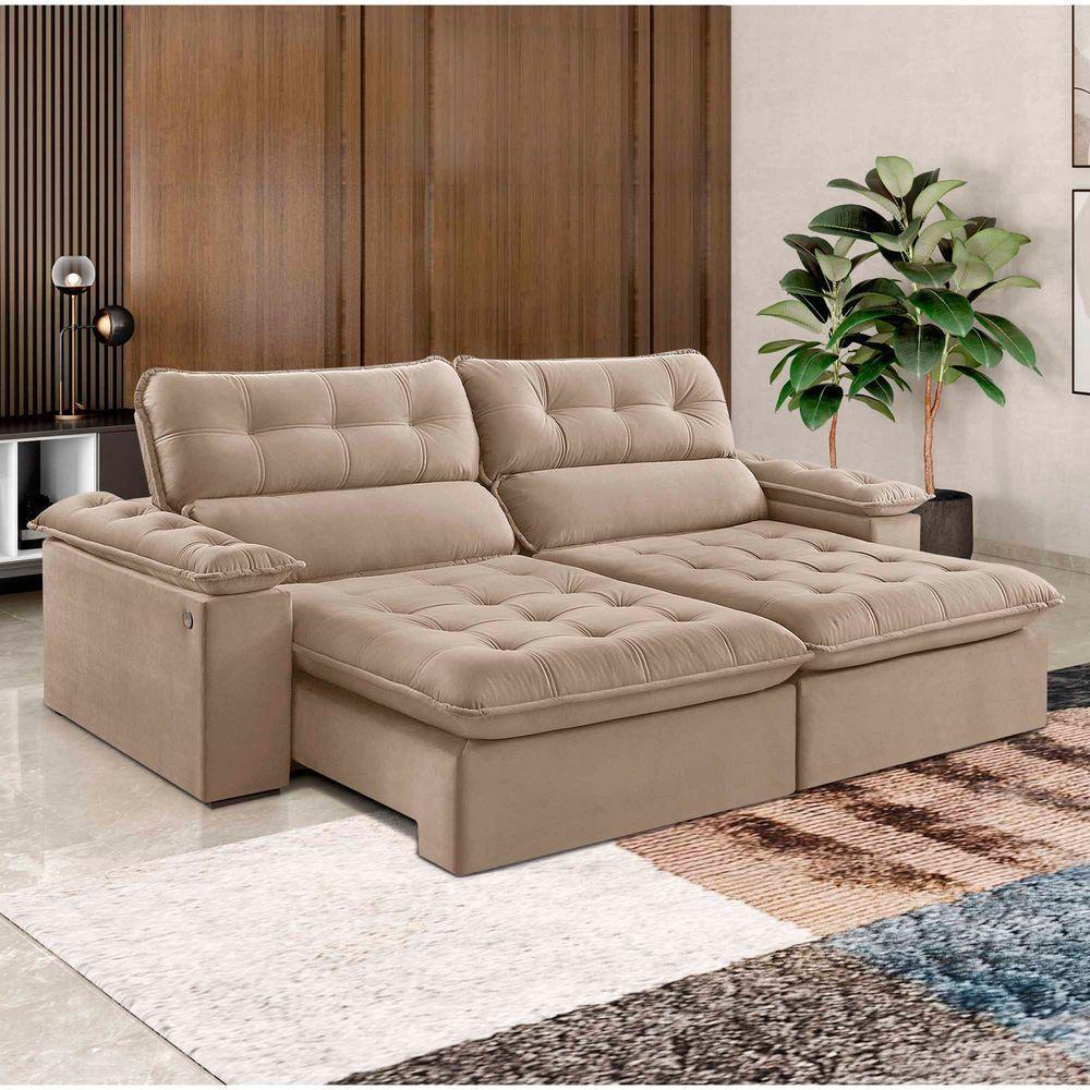 Sofá Retrátil E Reclinável Texas 2,54m Veludo Cor Bege 2137 Usb Com Kit Usb - 1