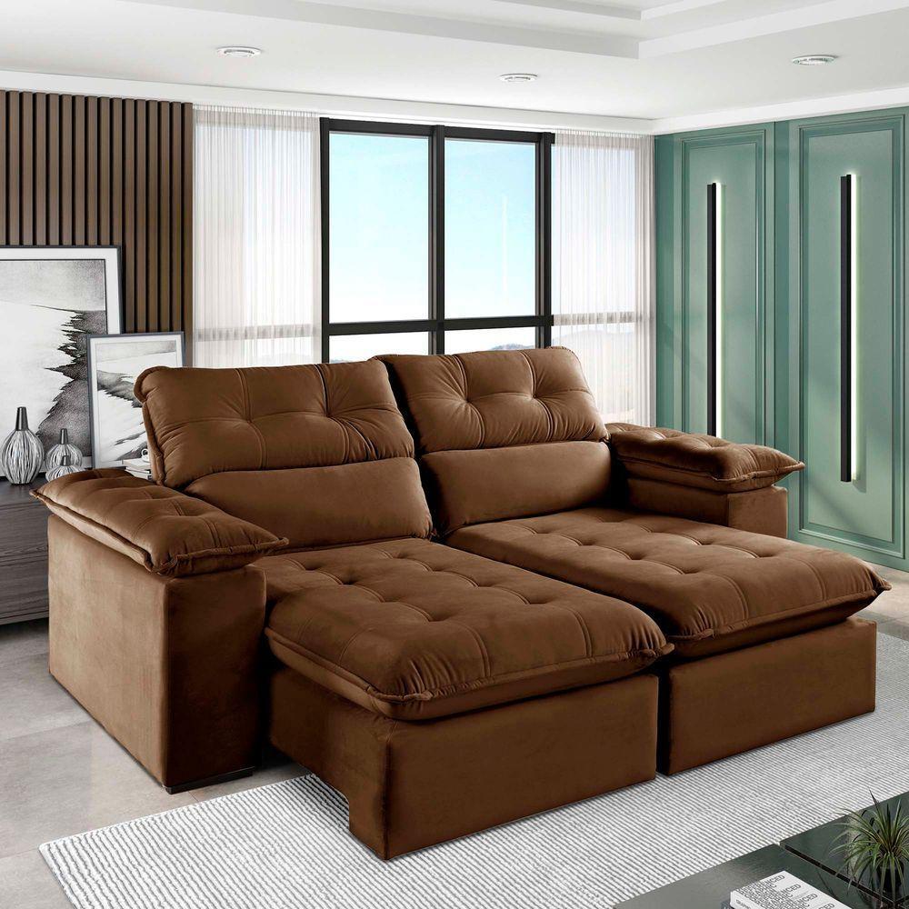 Sofá Retrátil E Reclinável Texas 1,94m Veludo Cor Marrom 2131 Usb Sem Kit Usb - 1
