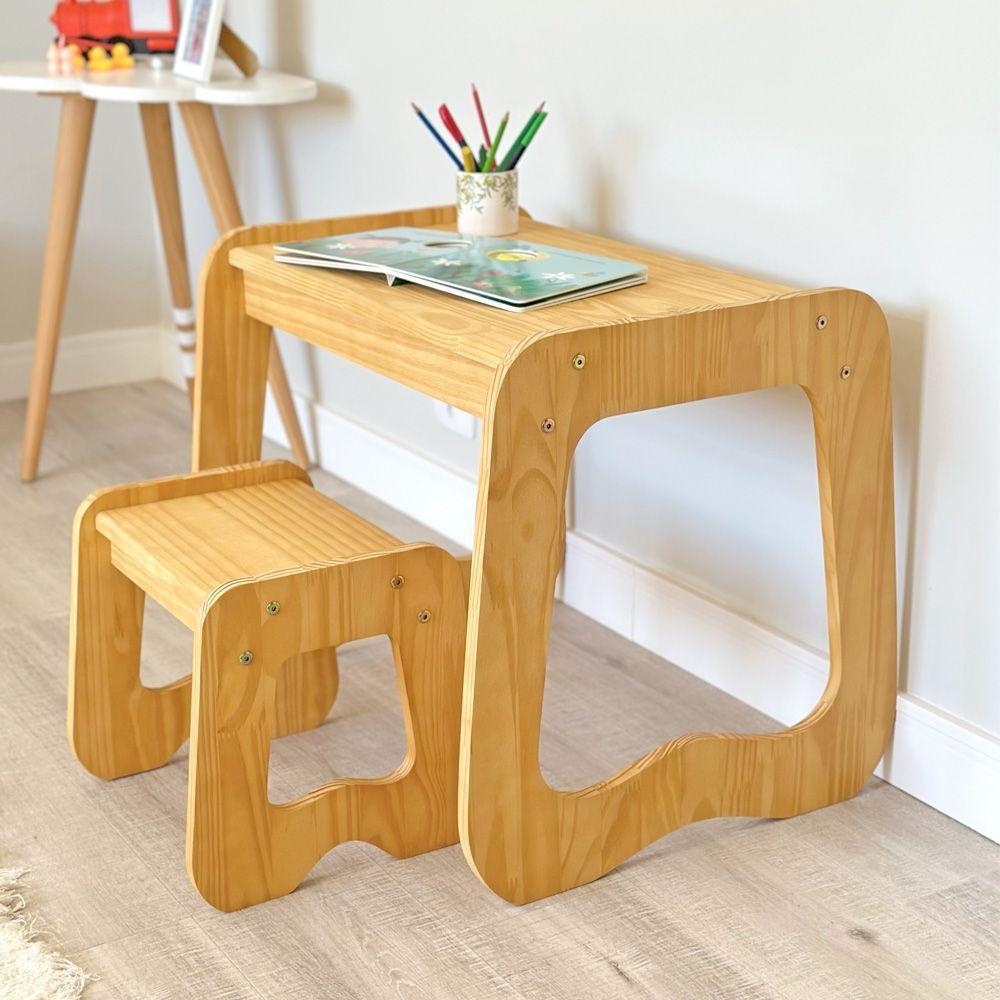 Mesa Com Banquinho Infantil Encanto Em Madeira Mel - 1