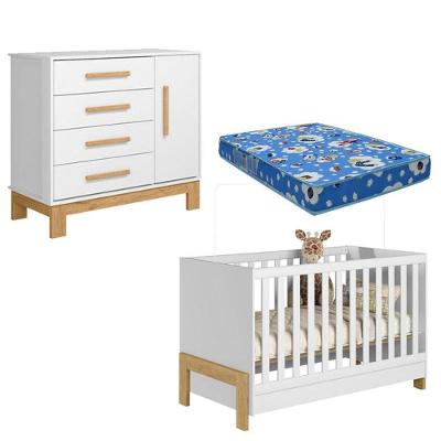 Kit Berço Americano Fantasia e Cômoda Q Encanto Slim MDP MDF com Colchão Branco