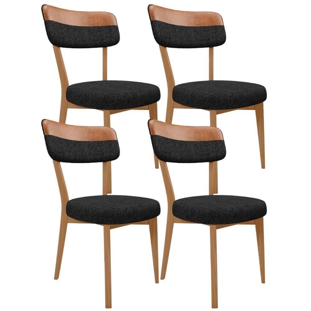 Kit 04 Cadeiras Decorativa Estofada Sala Base Madeira Roy L02 Couríssimo Camel Linho Chumbo - Lyam - 1