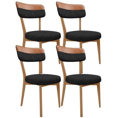 Kit 04 Cadeiras Decorativa Estofada Sala Base Madeira Roy L02 Couríssimo Camel Linho Chumbo - Lyam